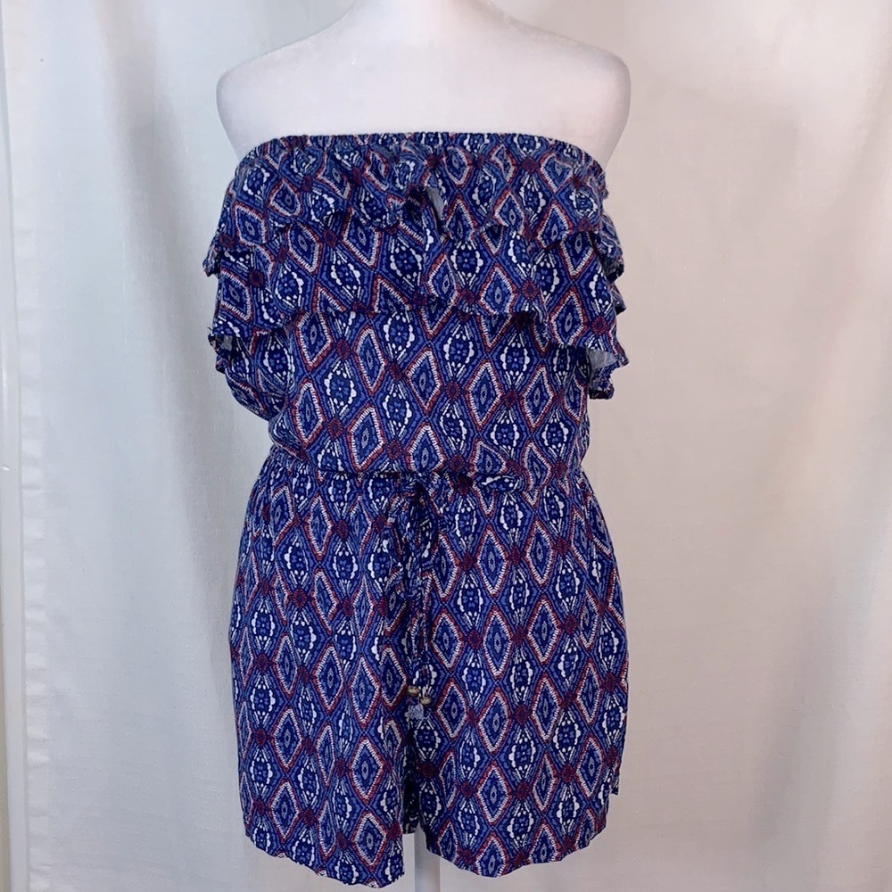 Aeropostale Blue Patterned Ruffled Sleeveless Romper
